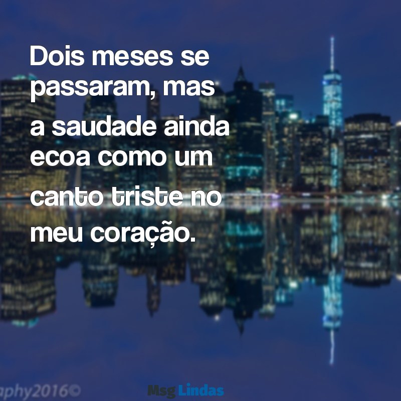 2 meses de saudades eternas Dois meses se passaram, mas a saudade ainda ecoa como um canto triste no meu coração.