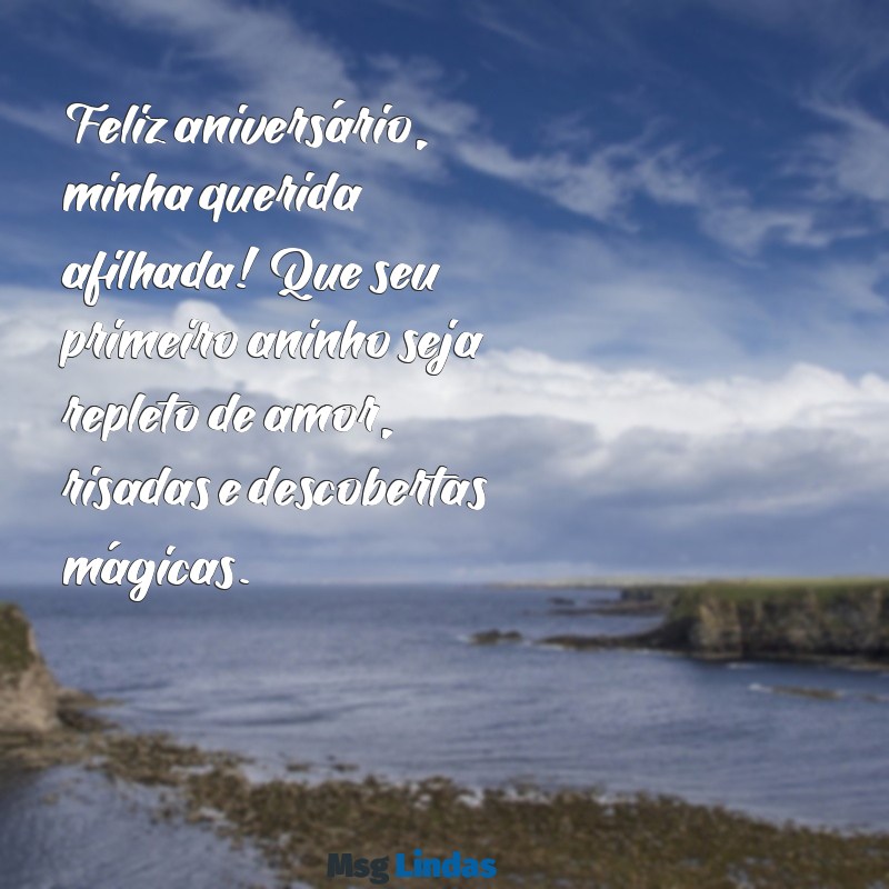 mensagens de aniversário para afilhada 1 ano Feliz aniversário, minha querida afilhada! Que seu primeiro aninho seja repleto de amor, risadas e descobertas mágicas.