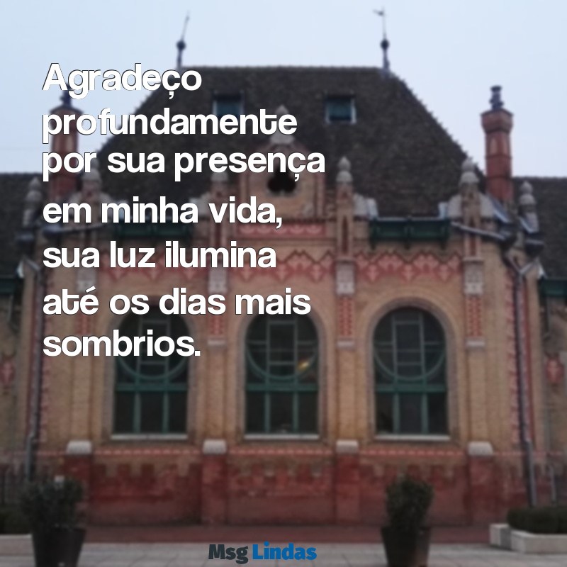 mensagens de gratidão por uma pessoa Agradeço profundamente por sua presença em minha vida, sua luz ilumina até os dias mais sombrios.