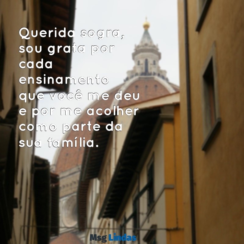 mensagens de nora para sogra Querida sogra, sou grata por cada ensinamento que você me deu e por me acolher como parte da sua família.