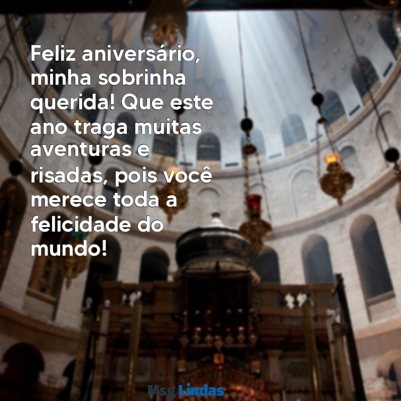 mensagens de aniversário para sobrinha de 12 anos Feliz aniversário, minha sobrinha querida! Que este ano traga muitas aventuras e risadas, pois você merece toda a felicidade do mundo!