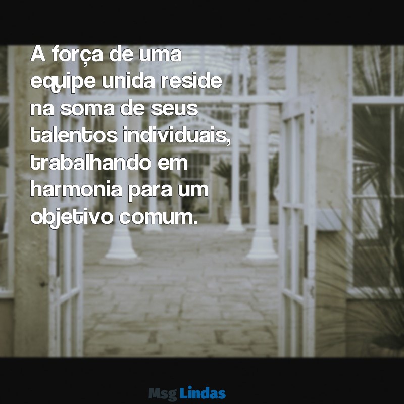 equipe unida A força de uma equipe unida reside na soma de seus talentos individuais, trabalhando em harmonia para um objetivo comum.