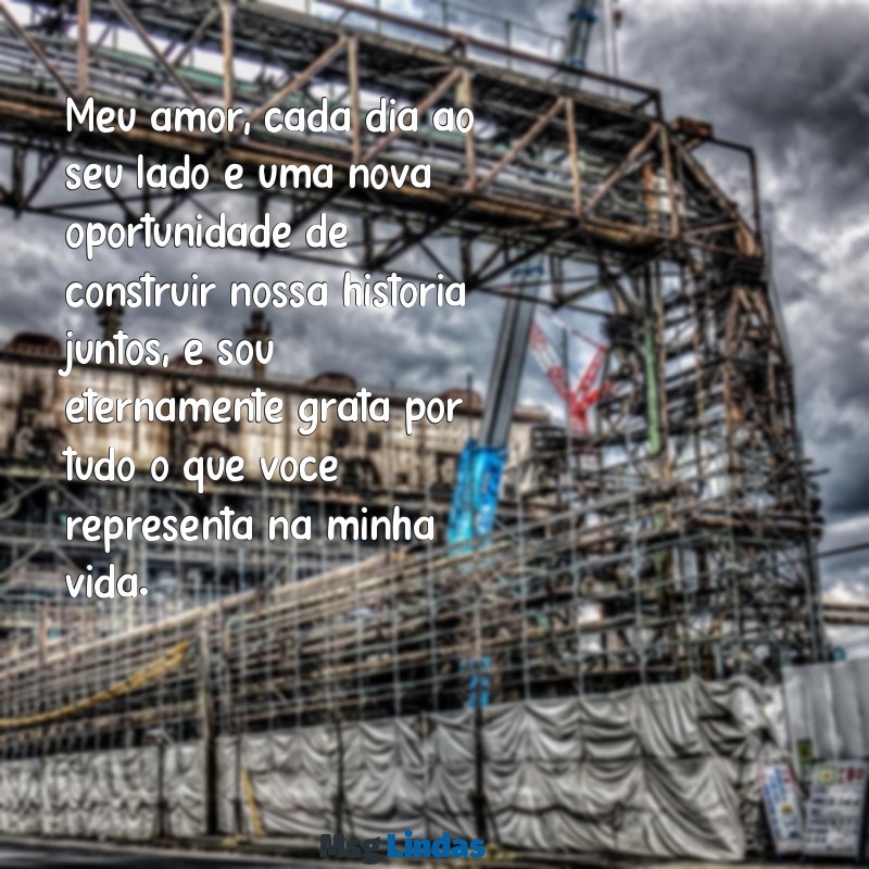 texto para esposo Meu amor, cada dia ao seu lado é uma nova oportunidade de construir nossa história juntos, e sou eternamente grata por tudo o que você representa na minha vida.