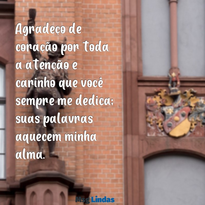 mensagens de agradecimento pela atenção e carinho Agradeço de coração por toda a atenção e carinho que você sempre me dedica; suas palavras aquecem minha alma.