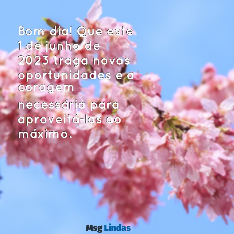 mensagens de bom dia 1 de junho 2023 Bom dia! Que este 1 de junho de 2023 traga novas oportunidades e a coragem necessária para aproveitá-las ao máximo.