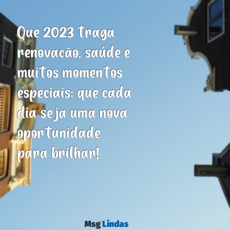 feliz ano novo 2023 mensagens Que 2023 traga renovação, saúde e muitos momentos especiais; que cada dia seja uma nova oportunidade para brilhar!