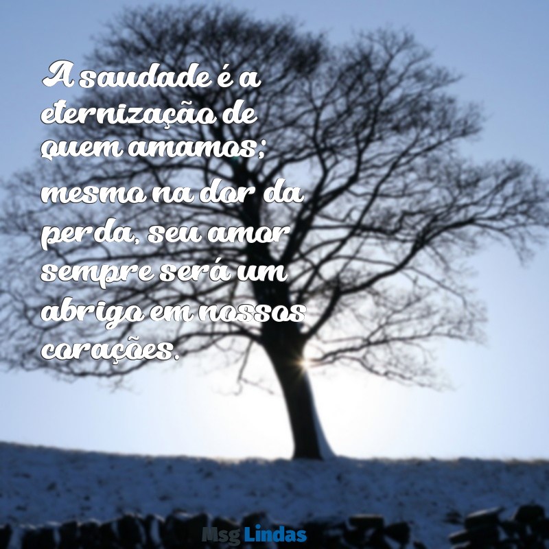 uma mensagens de luto A saudade é a eternização de quem amamos; mesmo na dor da perda, seu amor sempre será um abrigo em nossos corações.