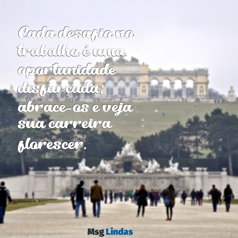 texto de motivação no trabalho Cada desafio no trabalho é uma oportunidade disfarçada; abrace-os e veja sua carreira florescer.