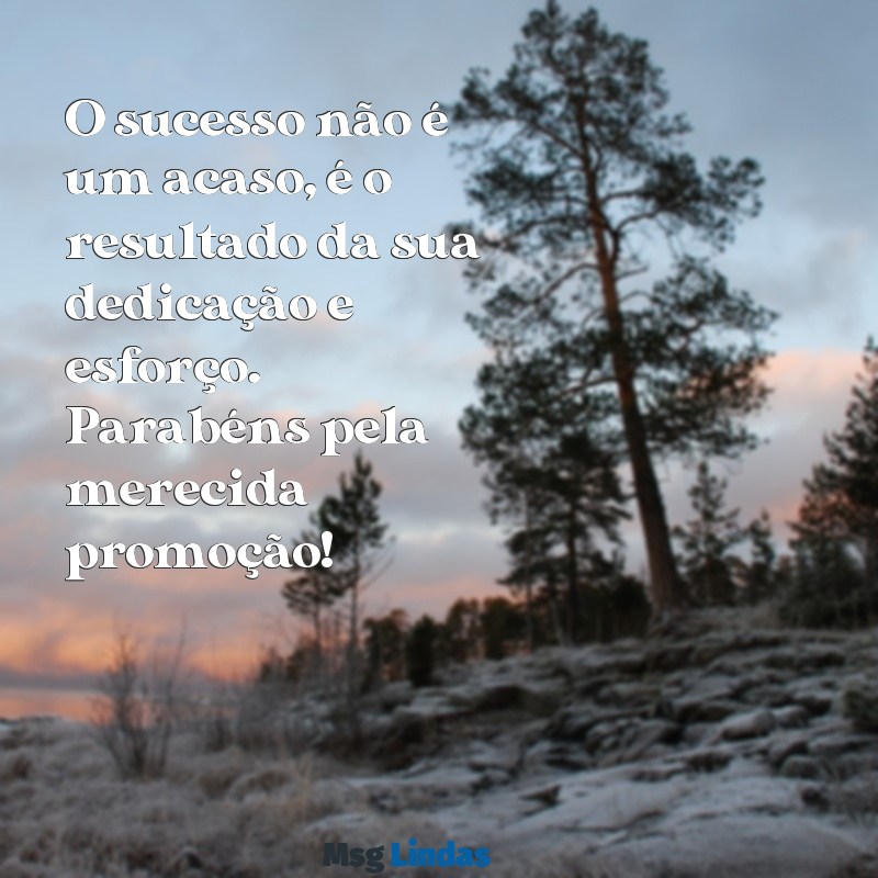 mensagens de promoção de cargo O sucesso não é um acaso, é o resultado da sua dedicação e esforço. Parabéns pela merecida promoção!