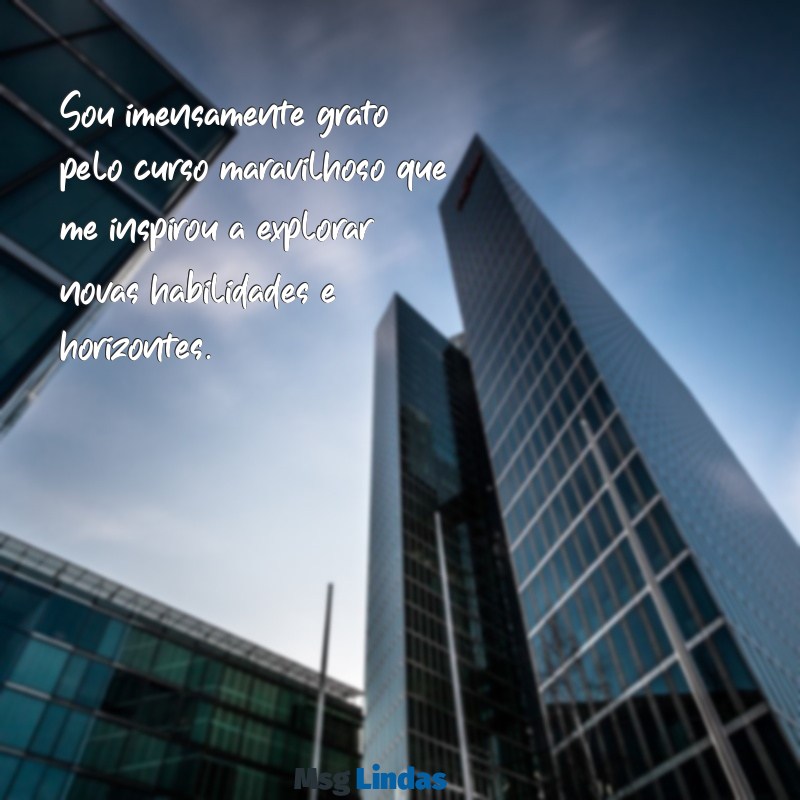 agradecimento pelo curso maravilhoso Sou imensamente grato pelo curso maravilhoso que me inspirou a explorar novas habilidades e horizontes.