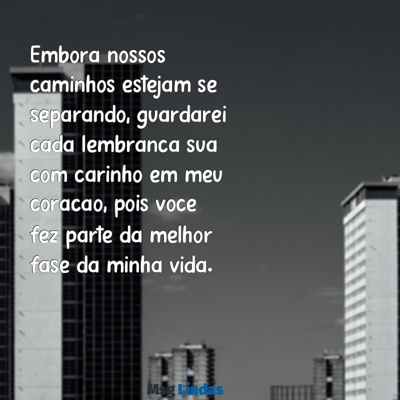 mensagens de adeus a uma pessoa querida Embora nossos caminhos estejam se separando, guardarei cada lembrança sua com carinho em meu coração, pois você fez parte da melhor fase da minha vida.