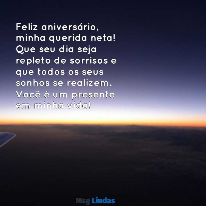 vovó:le9vta-e2go= mensagens de aniversário para neta para whatsapp Feliz aniversário, minha querida neta! Que seu dia seja repleto de sorrisos e que todos os seus sonhos se realizem. Você é um presente em minha vida!