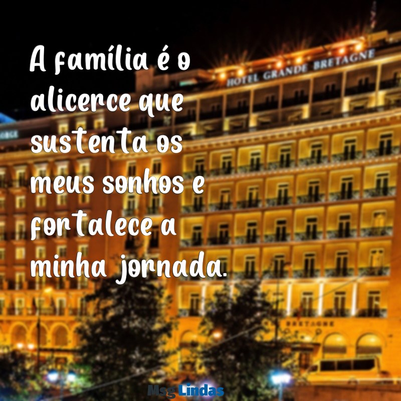 mensagens familia minha base A família é o alicerce que sustenta os meus sonhos e fortalece a minha jornada.