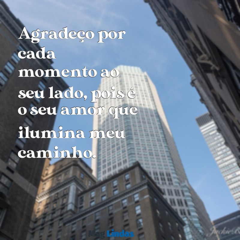 mensagens agradecimento amor Agradeço por cada momento ao seu lado, pois é o seu amor que ilumina meu caminho.