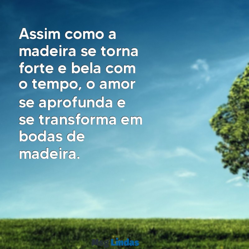 bodas de madeira Assim como a madeira se torna forte e bela com o tempo, o amor se aprofunda e se transforma em bodas de madeira.