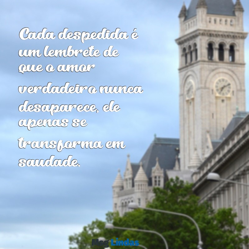 mensagens de amor de despedida Cada despedida é um lembrete de que o amor verdadeiro nunca desaparece, ele apenas se transforma em saudade.