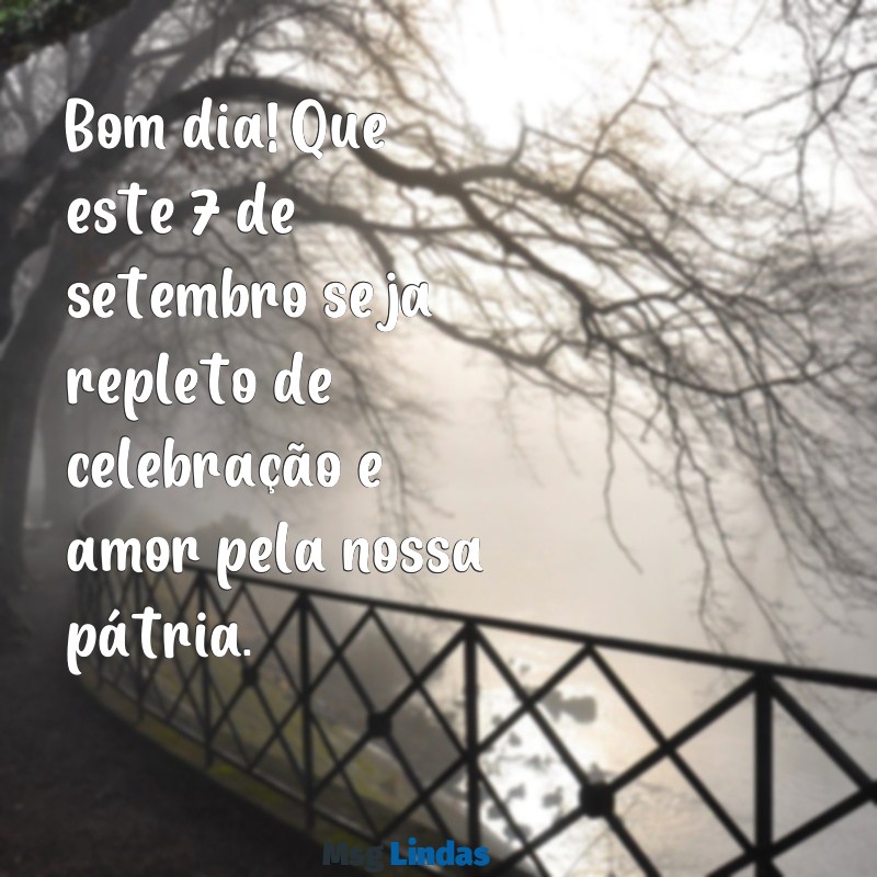 mensagens de bom dia de 7 de setembro Bom dia! Que este 7 de setembro seja repleto de celebração e amor pela nossa pátria.