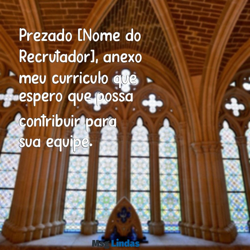 mensagens para curriculo email Prezado [Nome do Recrutador], anexo meu currículo que espero que possa contribuir para sua equipe.