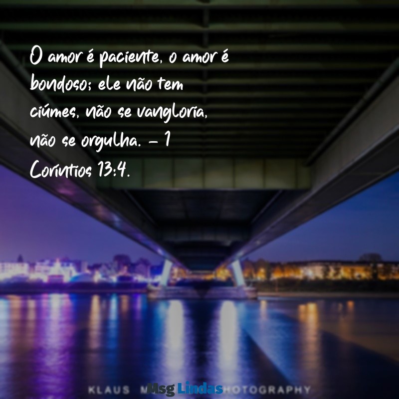 mensagens da bíblia para casal O amor é paciente, o amor é bondoso; ele não tem ciúmes, não se vangloria, não se orgulha. – 1 Coríntios 13:4.