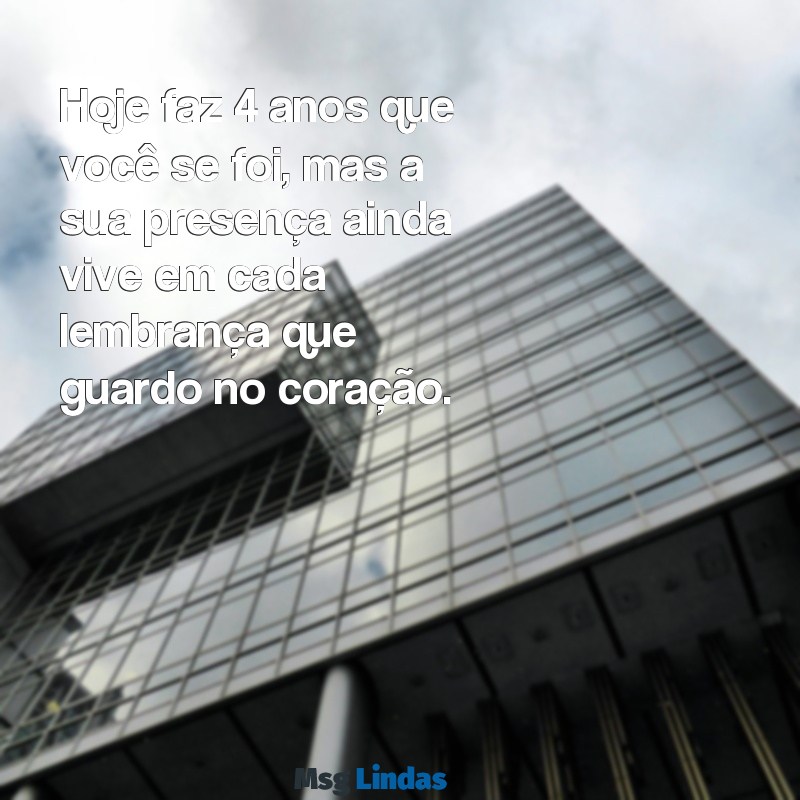 hoje faz 4 anos que você se foi Hoje faz 4 anos que você se foi, mas a sua presença ainda vive em cada lembrança que guardo no coração.