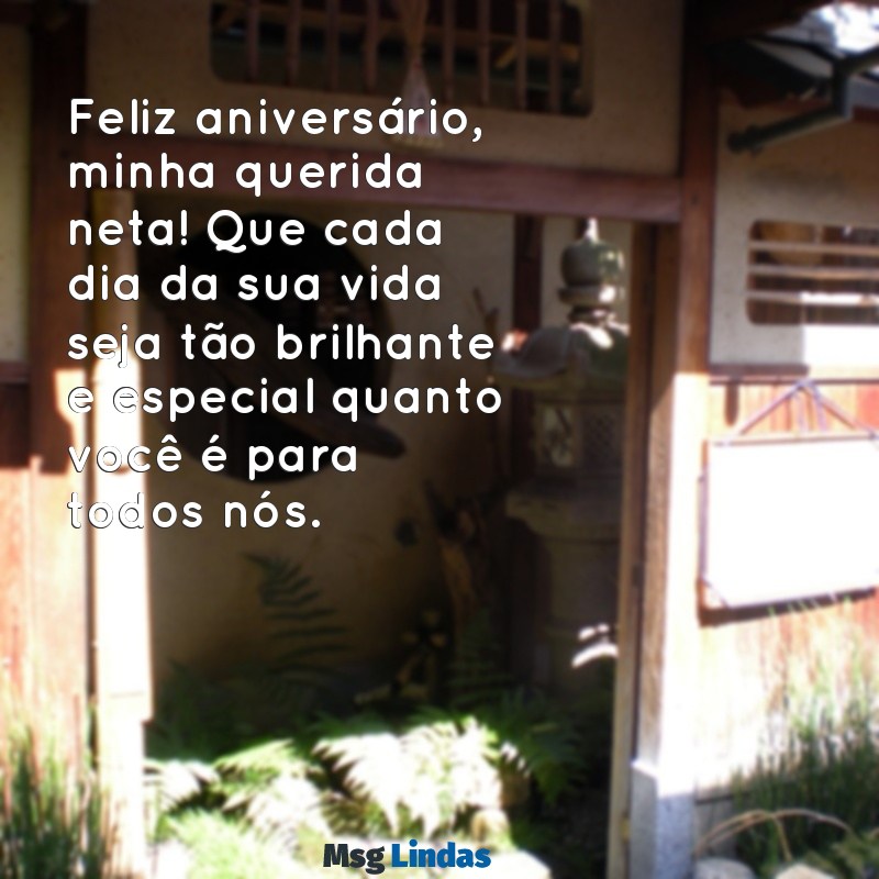 mensagens para neta de aniversário Feliz aniversário, minha querida neta! Que cada dia da sua vida seja tão brilhante e especial quanto você é para todos nós.