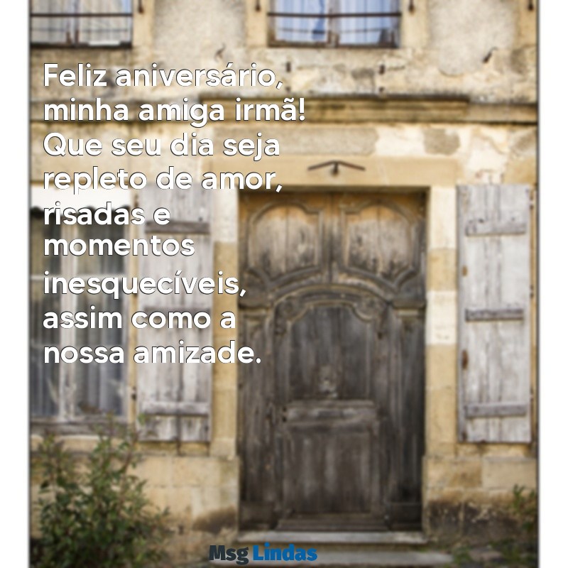 mensagens de feliz aniversário para uma amiga irmã Feliz aniversário, minha amiga irmã! Que seu dia seja repleto de amor, risadas e momentos inesquecíveis, assim como a nossa amizade.