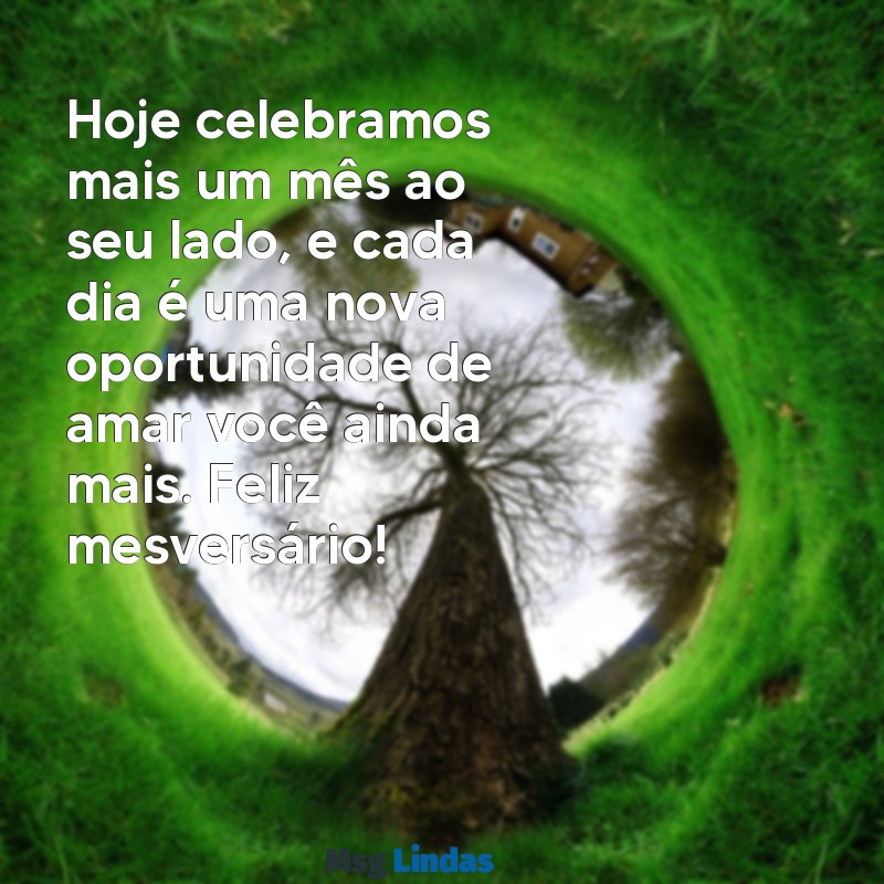 mensagens de feliz mesversário Hoje celebramos mais um mês ao seu lado, e cada dia é uma nova oportunidade de amar você ainda mais. Feliz mesversário!