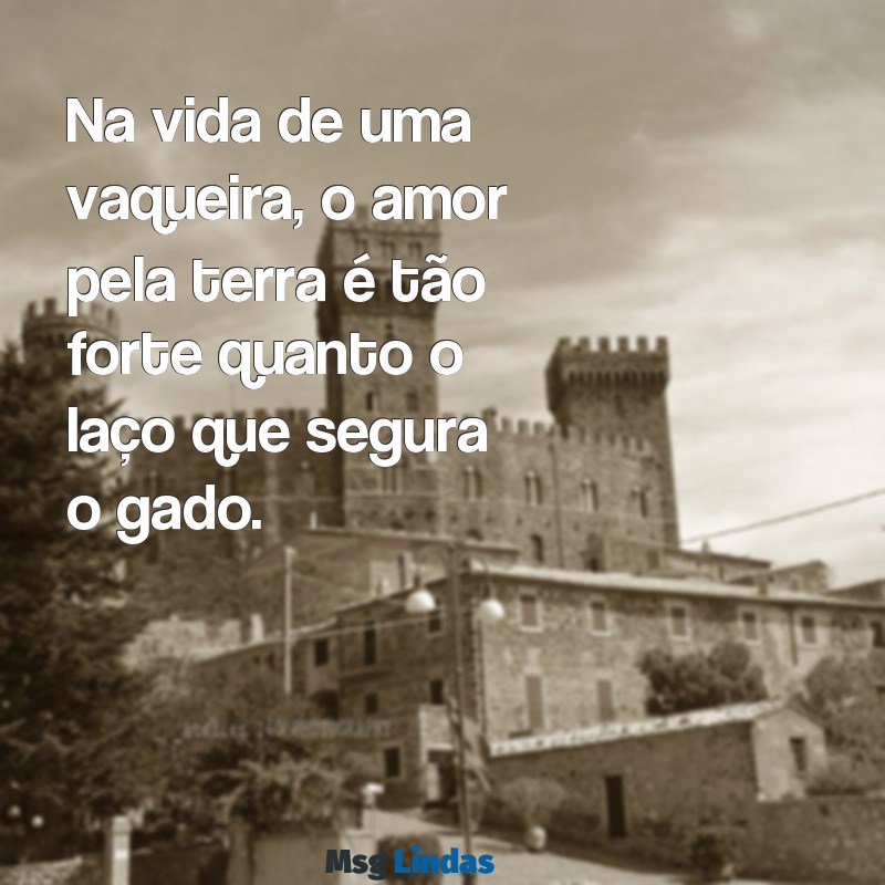 mensagens de vaqueira Na vida de uma vaqueira, o amor pela terra é tão forte quanto o laço que segura o gado.