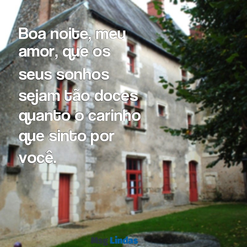 boa noite amor texto Boa noite, meu amor, que os seus sonhos sejam tão doces quanto o carinho que sinto por você.