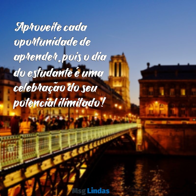 mensagens ao dia do estudante Aproveite cada oportunidade de aprender, pois o dia do estudante é uma celebração do seu potencial ilimitado!