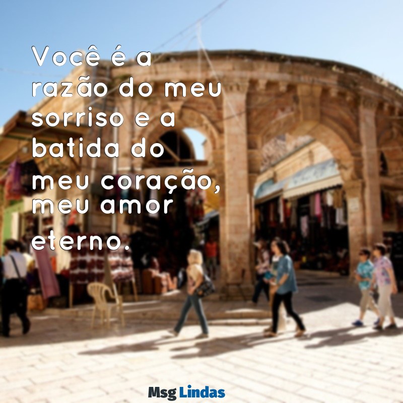 frases para mandar para namorada Você é a razão do meu sorriso e a batida do meu coração, meu amor eterno.