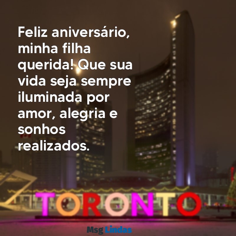 mensagens de aniversário filha querida Feliz aniversário, minha filha querida! Que sua vida seja sempre iluminada por amor, alegria e sonhos realizados.