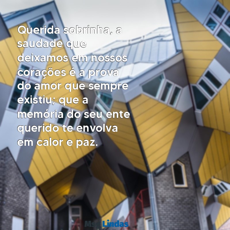 mensagens de luto para sobrinha Querida sobrinha, a saudade que deixamos em nossos corações é a prova do amor que sempre existiu; que a memória do seu ente querido te envolva em calor e paz.