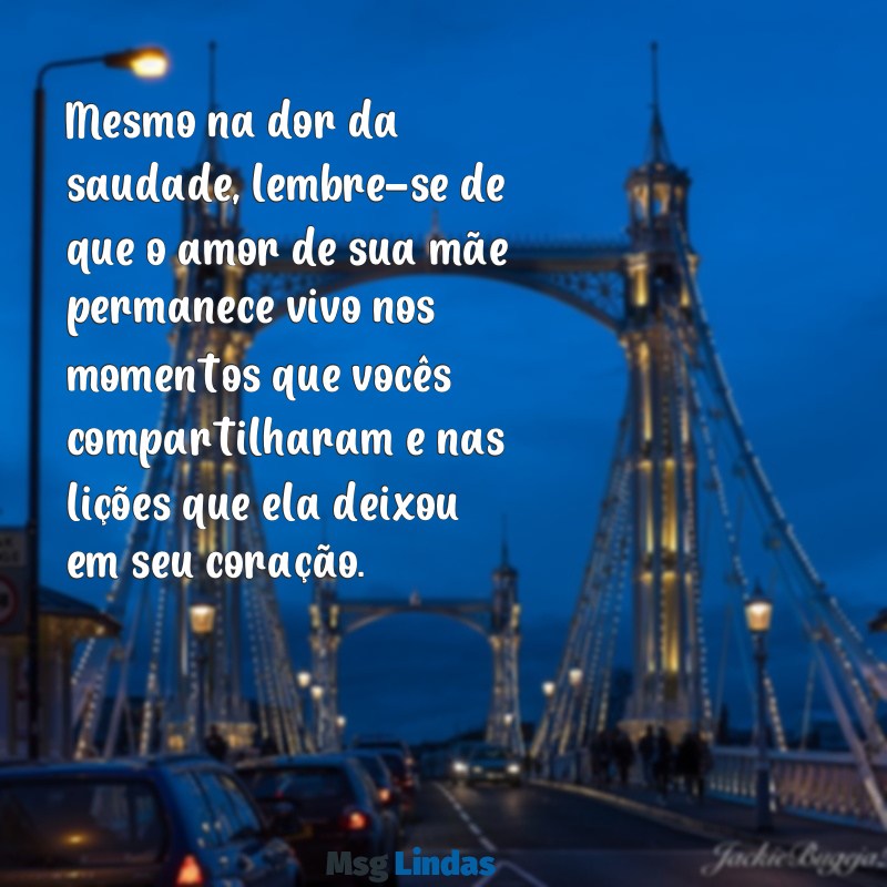 mensagens bíblica para quem perdeu a mãe Mesmo na dor da saudade, lembre-se de que o amor de sua mãe permanece vivo nos momentos que vocês compartilharam e nas lições que ela deixou em seu coração.