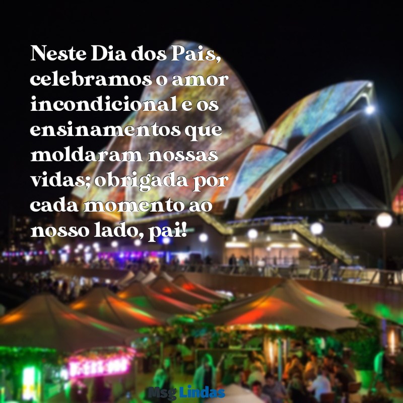 feliz dia dos pais texto Neste Dia dos Pais, celebramos o amor incondicional e os ensinamentos que moldaram nossas vidas; obrigada por cada momento ao nosso lado, pai!