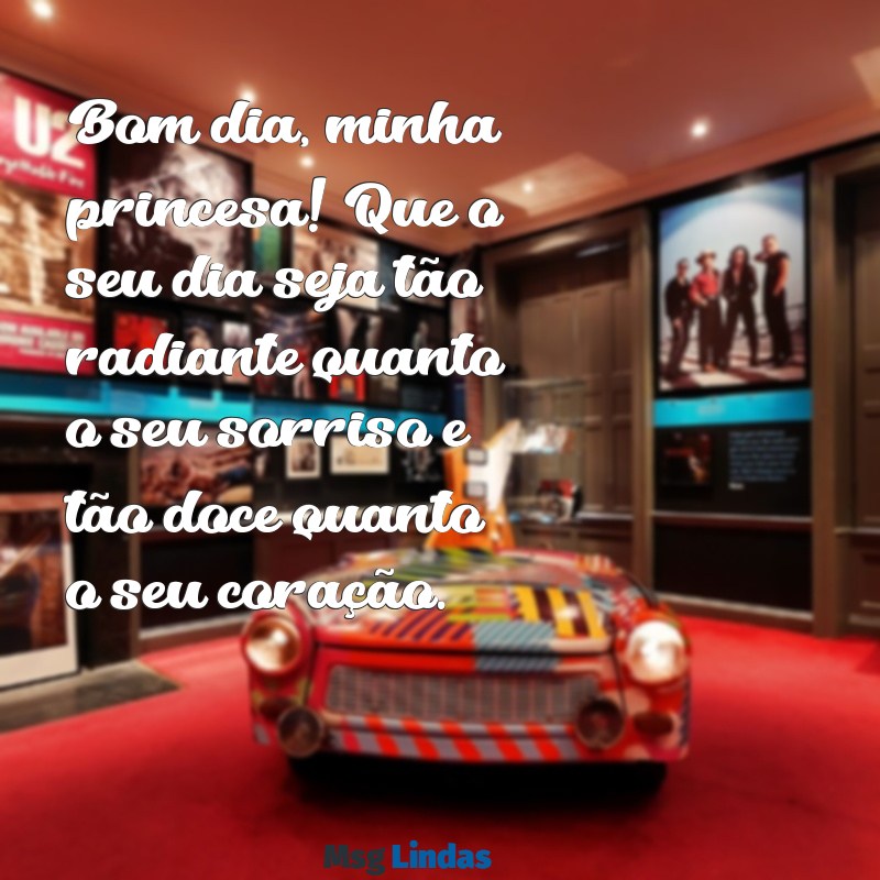 mensagens de bom dia para princesa Bom dia, minha princesa! Que o seu dia seja tão radiante quanto o seu sorriso e tão doce quanto o seu coração.