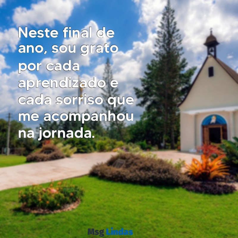 frases de agradecimento final de ano Neste final de ano, sou grato por cada aprendizado e cada sorriso que me acompanhou na jornada.