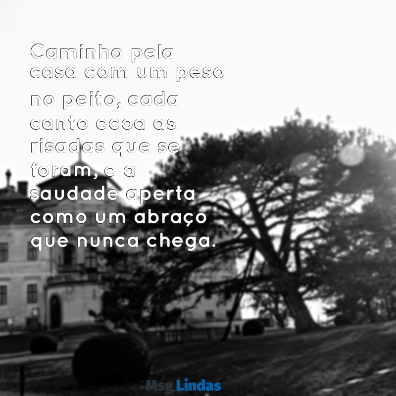 desabafo de uma mãe magoada Caminho pela casa com um peso no peito, cada canto ecoa as risadas que se foram, e a saudade aperta como um abraço que nunca chega.