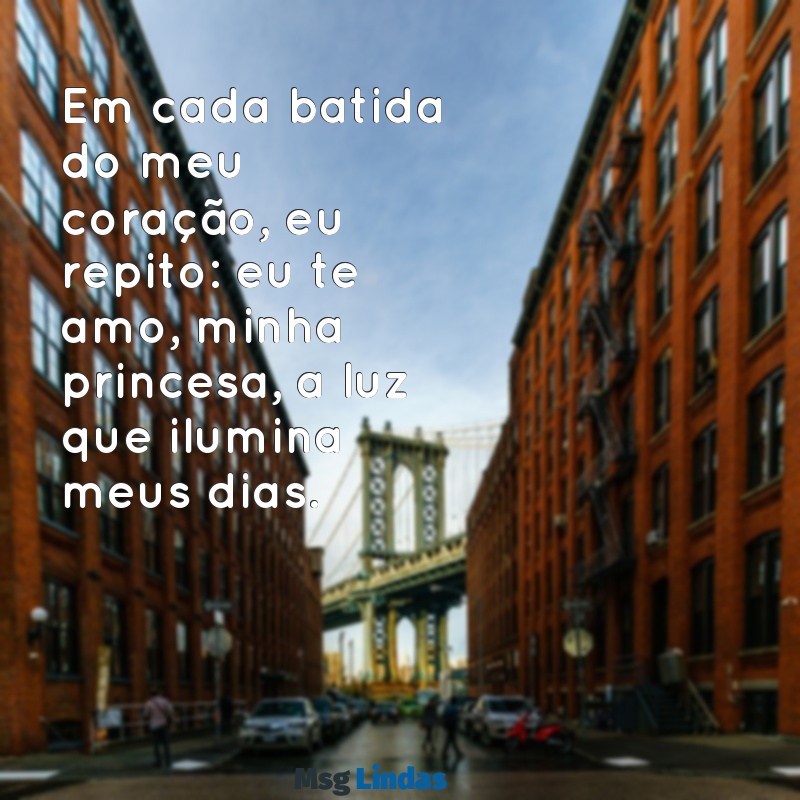eu te amo minha princesa Em cada batida do meu coração, eu repito: eu te amo, minha princesa, a luz que ilumina meus dias.