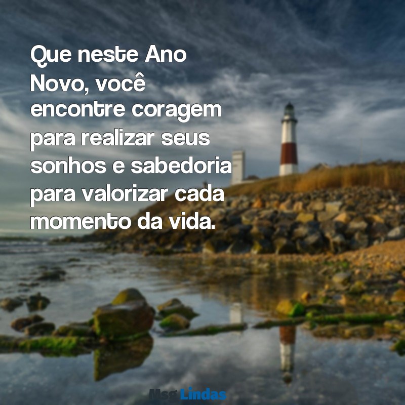 mensagens de ano novo para Que neste Ano Novo, você encontre coragem para realizar seus sonhos e sabedoria para valorizar cada momento da vida.