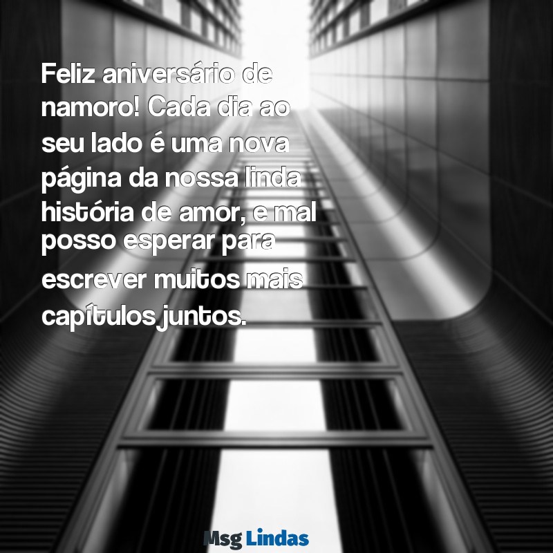 mensagens de feliz aniversário de namoro Feliz aniversário de namoro! Cada dia ao seu lado é uma nova página da nossa linda história de amor, e mal posso esperar para escrever muitos mais capítulos juntos.