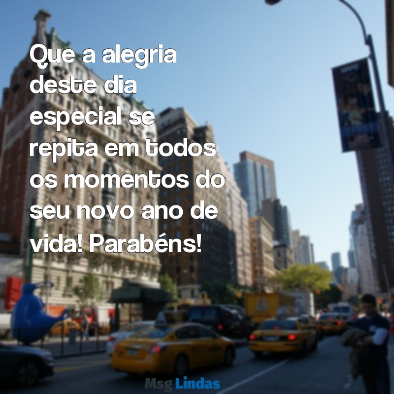 mensagens de festa de aniversário Que a alegria deste dia especial se repita em todos os momentos do seu novo ano de vida! Parabéns!