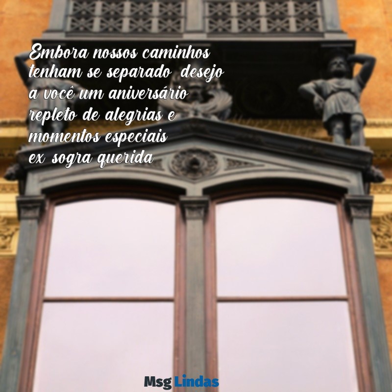 feliz aniversário ex sogra Embora nossos caminhos tenham se separado, desejo a você um aniversário repleto de alegrias e momentos especiais, ex-sogra querida!