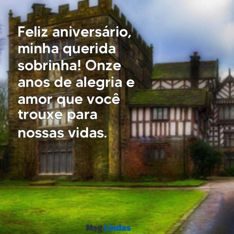 mensagens de aniversário de onze anos para sobrinha Feliz aniversário, minha querida sobrinha! Onze anos de alegria e amor que você trouxe para nossas vidas.