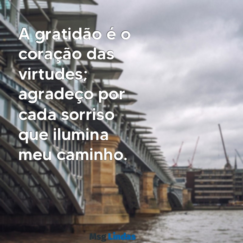 mensagensde agradecimento A gratidão é o coração das virtudes; agradeço por cada sorriso que ilumina meu caminho.