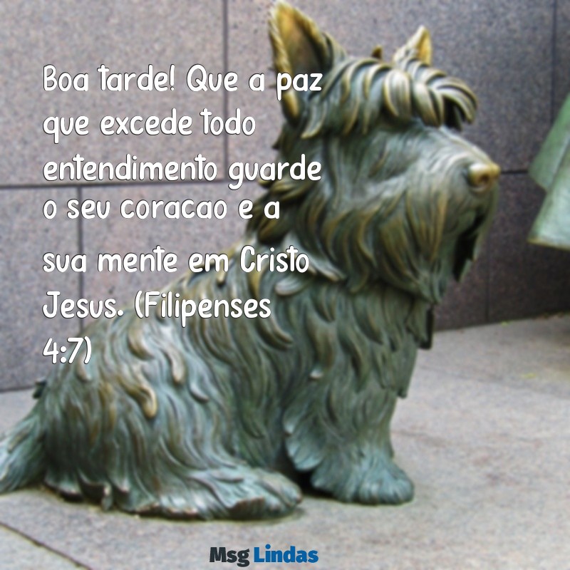 boa tarde versículo bíblico Boa tarde! Que a paz que excede todo entendimento guarde o seu coração e a sua mente em Cristo Jesus. (Filipenses 4:7)