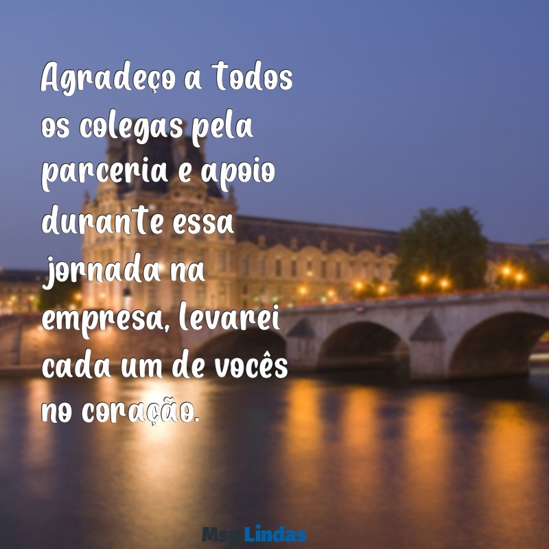 agradecimento saida da empresa Agradeço a todos os colegas pela parceria e apoio durante essa jornada na empresa, levarei cada um de vocês no coração.