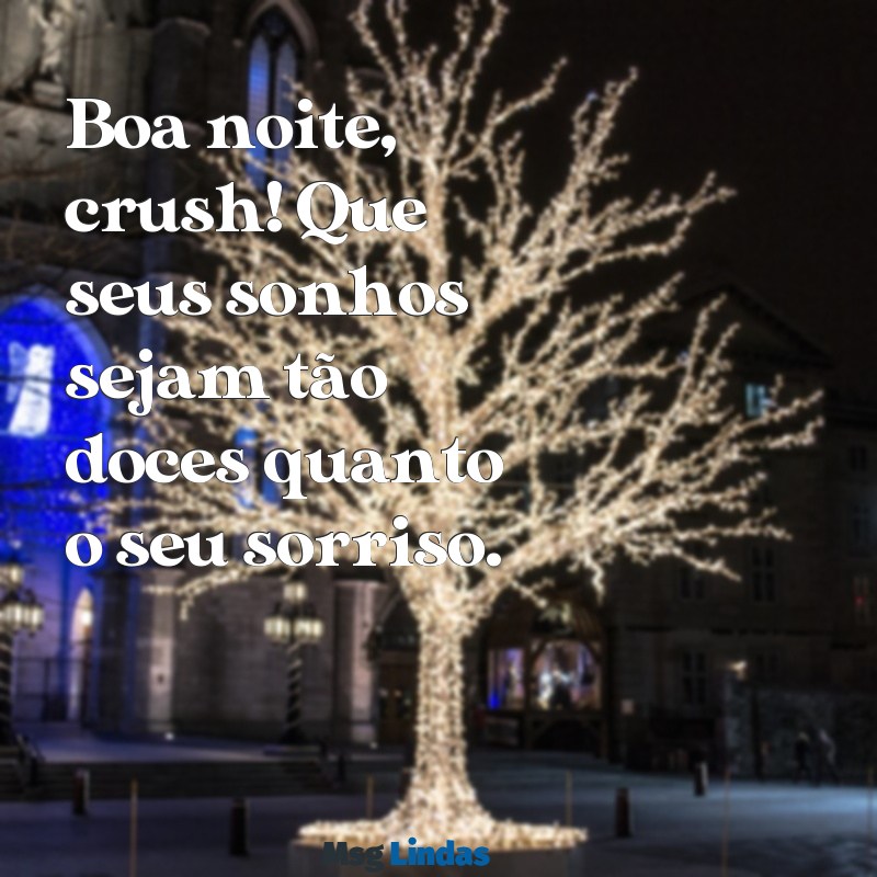 boa noite crush Boa noite, crush! Que seus sonhos sejam tão doces quanto o seu sorriso.