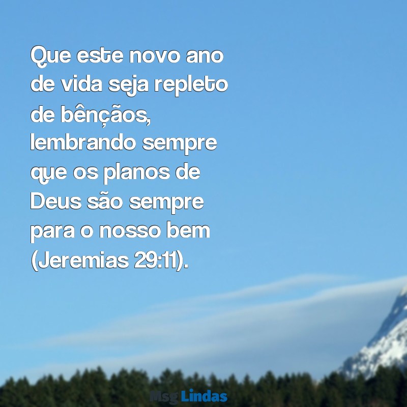 um versículo para aniversariante Que este novo ano de vida seja repleto de bênçãos, lembrando sempre que os planos de Deus são sempre para o nosso bem (Jeremias 29:11).