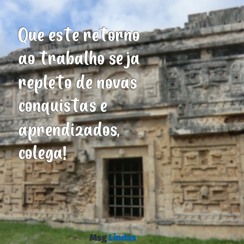 bom retorno ao trabalho colega Que este retorno ao trabalho seja repleto de novas conquistas e aprendizados, colega!